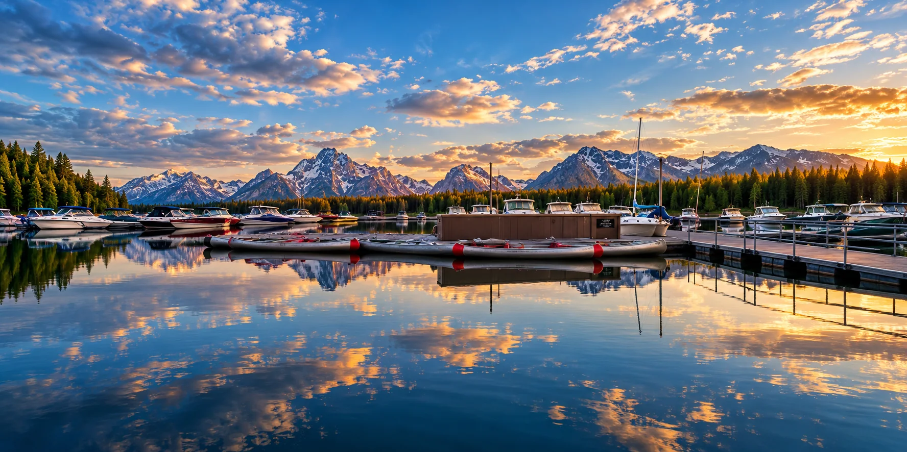 Evening sky and mountains reflected on tranquil marina water.